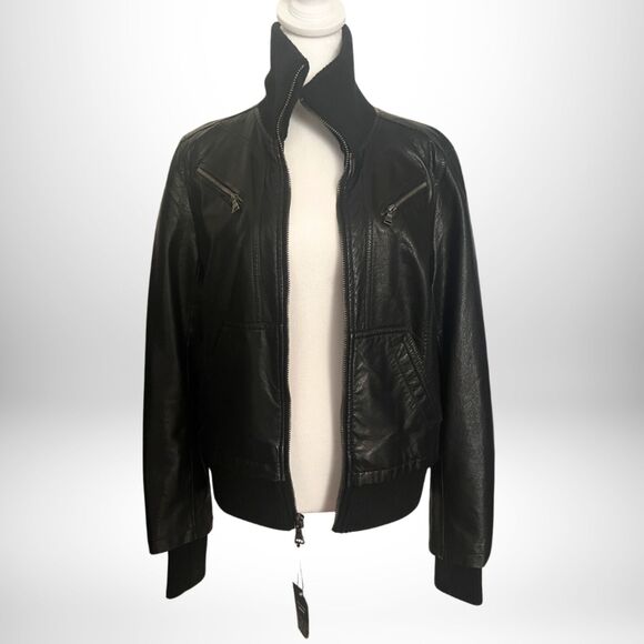Express Black Biker Bomber Vegan Leather Jacket - Never Worn - Sz.L - Picture 2 of 5